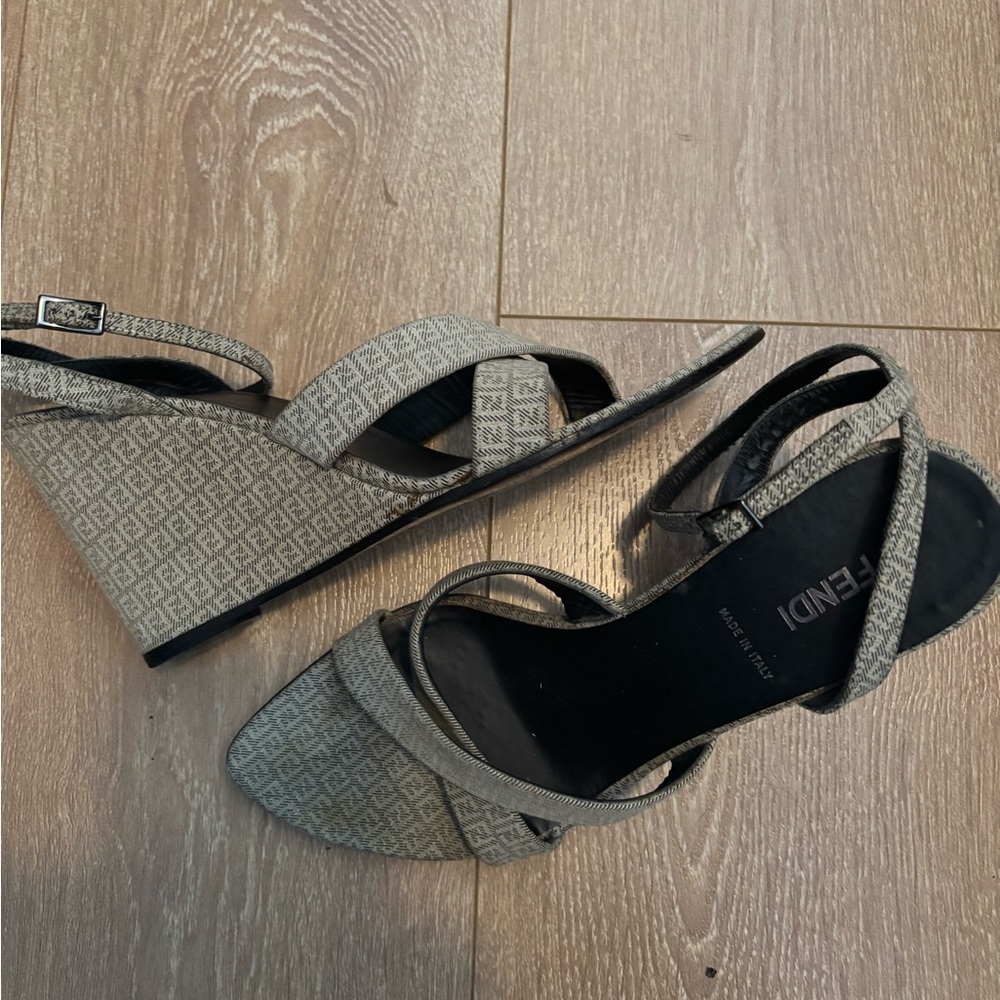 Fendi Beige Patterned Wedge Sandals